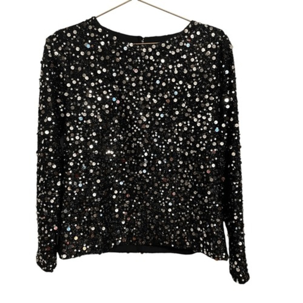 I-MFL Black Sequin Long Sleeve Top Silver Sparkle Party Blouse Size M
